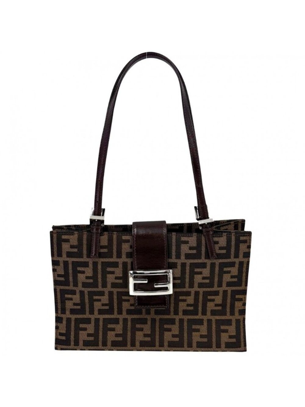 Fendi Tote Zucca Shoulder Bag Canvas Leather Brown Silver